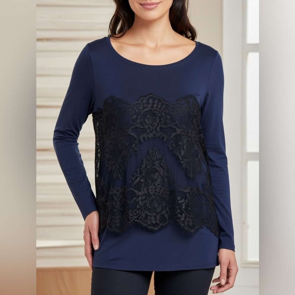 Juicy Couture Navy Blue Long sleeve Top With Black Lace Panel Size Medium